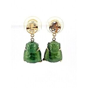 Vintage Nephrite Jade Buddha Earrings 14K Gold Post Gold Filled Longevity Symbol